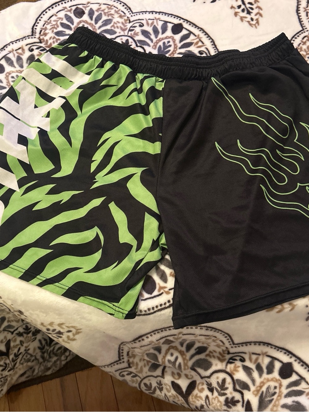 Men's Black & Neon Green Athletic Shorts with Graphic Zebra and Flame Print